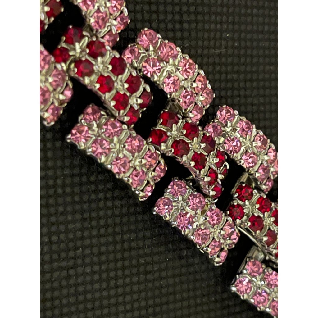 Vintage D&E Juliana Pink & Red Glass Rhinestone Art Deco Bracelet Silver-Tone Se
